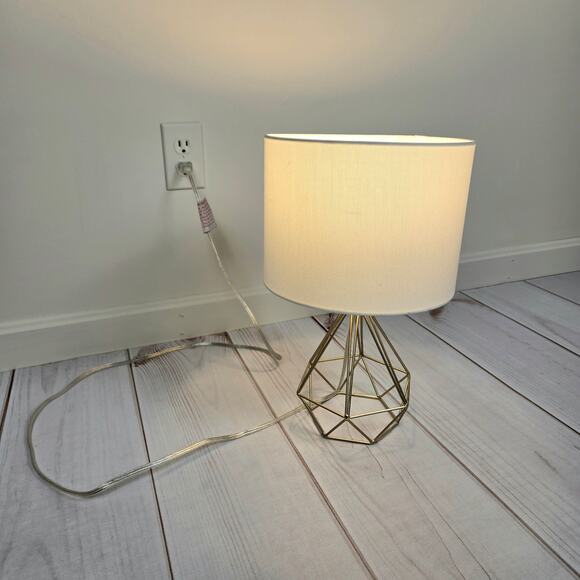 H-Welldone Gold Geometric Triangle Hexagon Caged Table Lamp White Canvas Shade - Picture 1 of 8